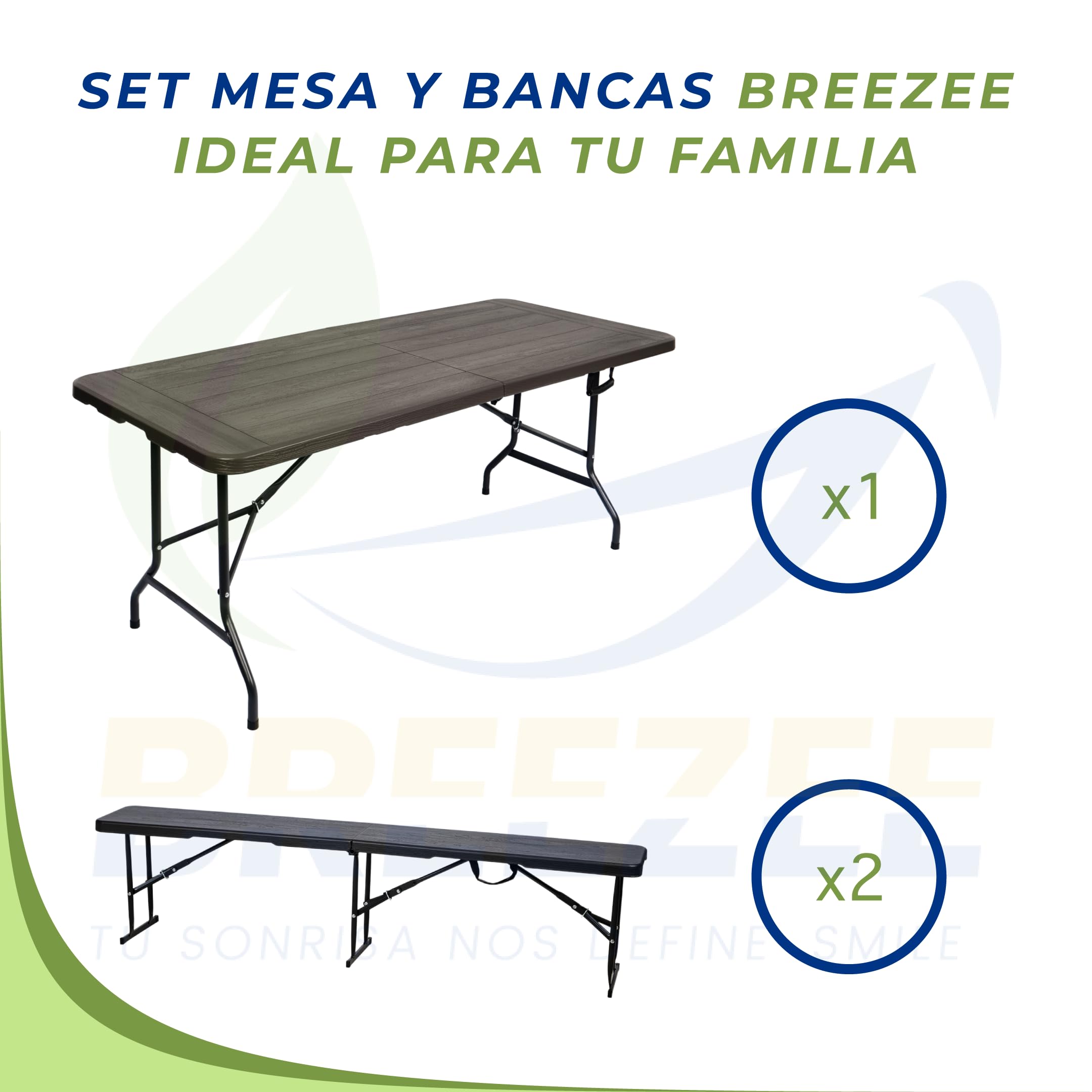 Set BREEZEE incluye 1 mesa plegable y 2 bancas largas ideal para tu familia