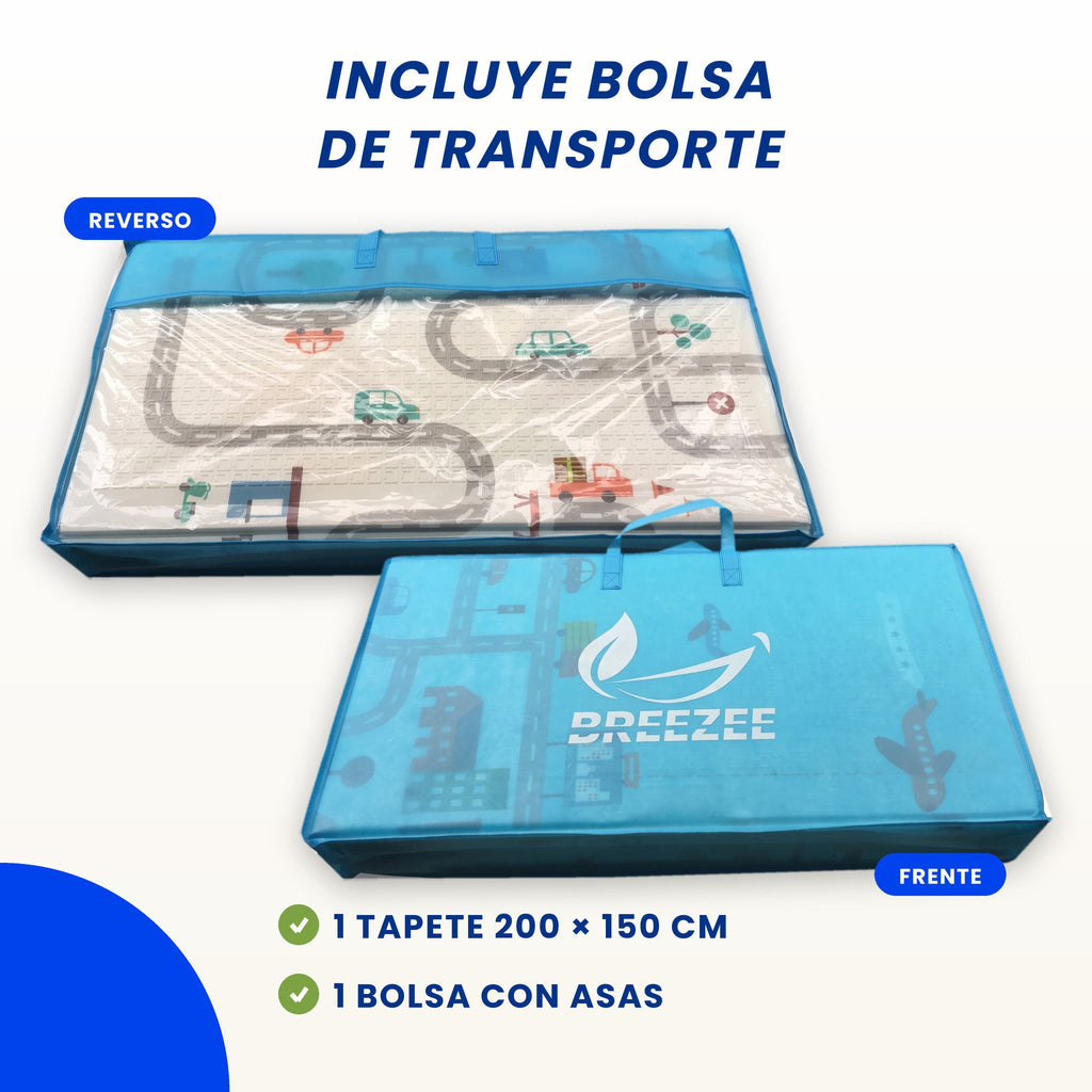 Tapete BREEZEE 200 x 150 cm con su bolsa de transporte con asas, frente y reverso