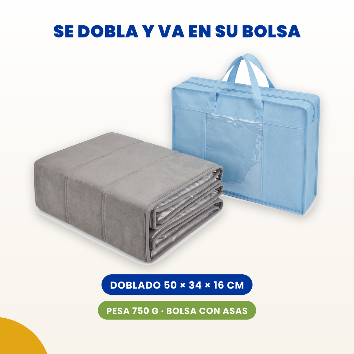 Colchoneta plegable de felpa gris BREEZEE, doblada junto a su bolsa con asas