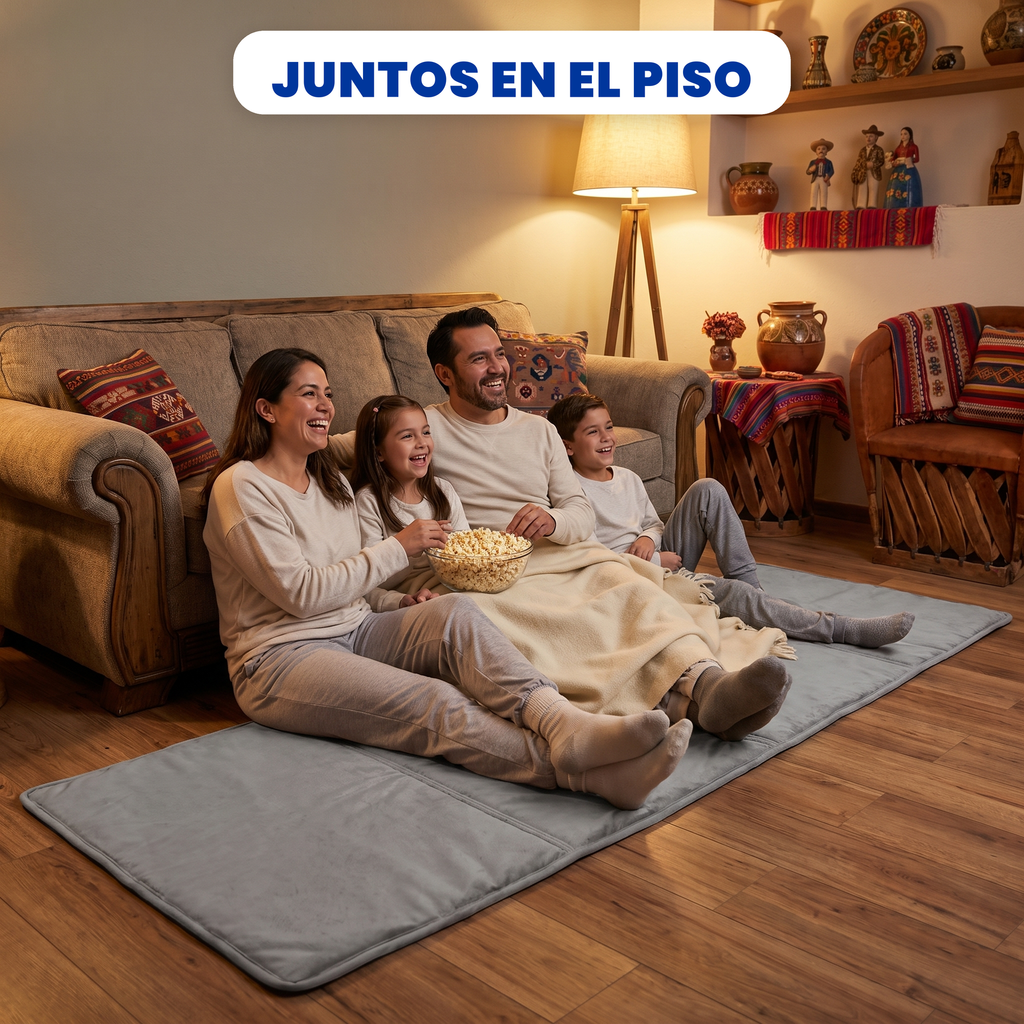 Colchoneta plegable de felpa gris BREEZEE, familia en la sala viendo una película