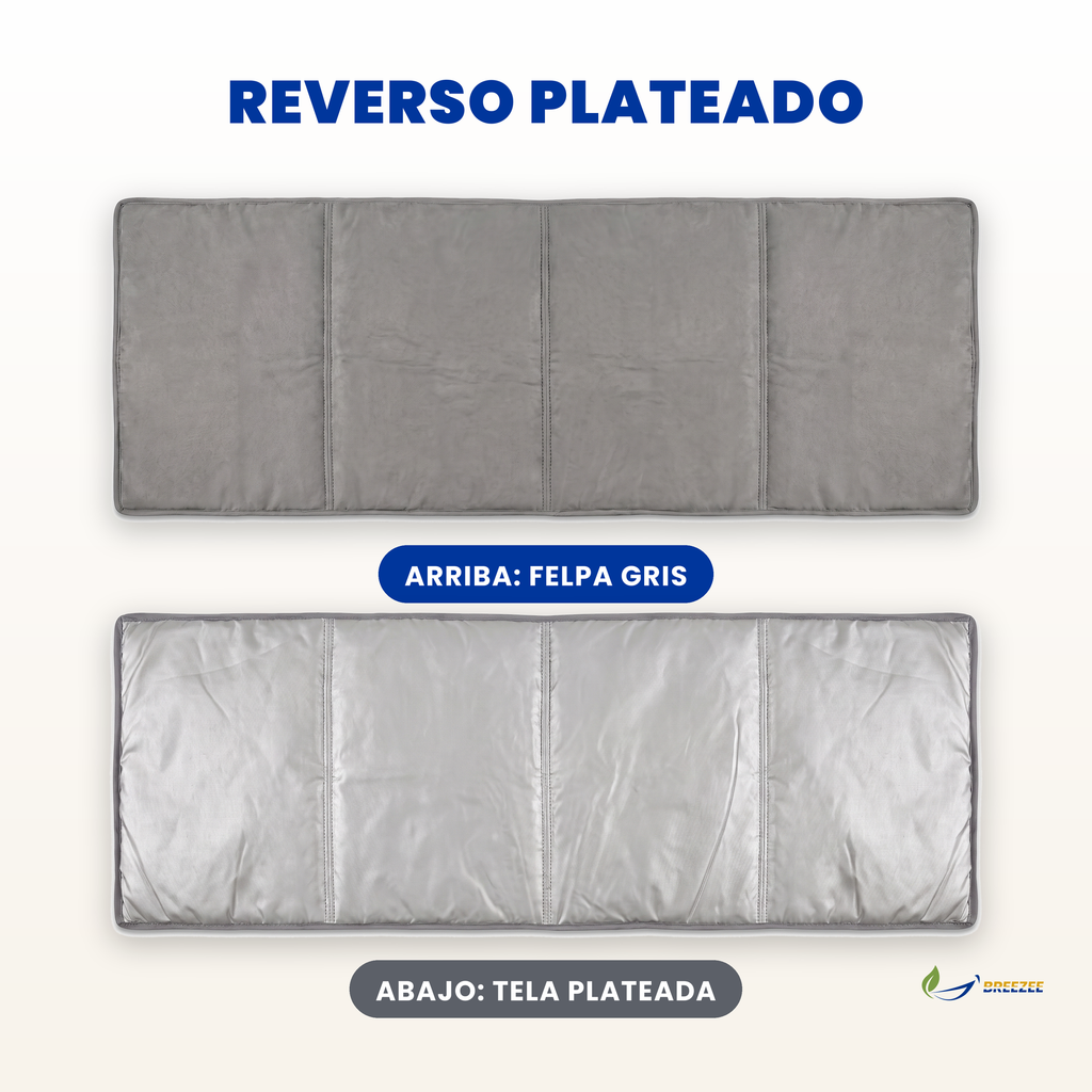 Colchoneta plegable de felpa gris BREEZEE, arriba felpa gris, abajo tela plateada
