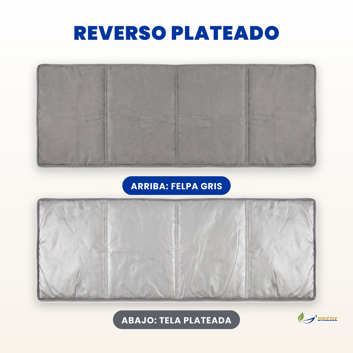 Colchoneta plegable de felpa gris BREEZEE, arriba felpa gris, abajo tela plateada