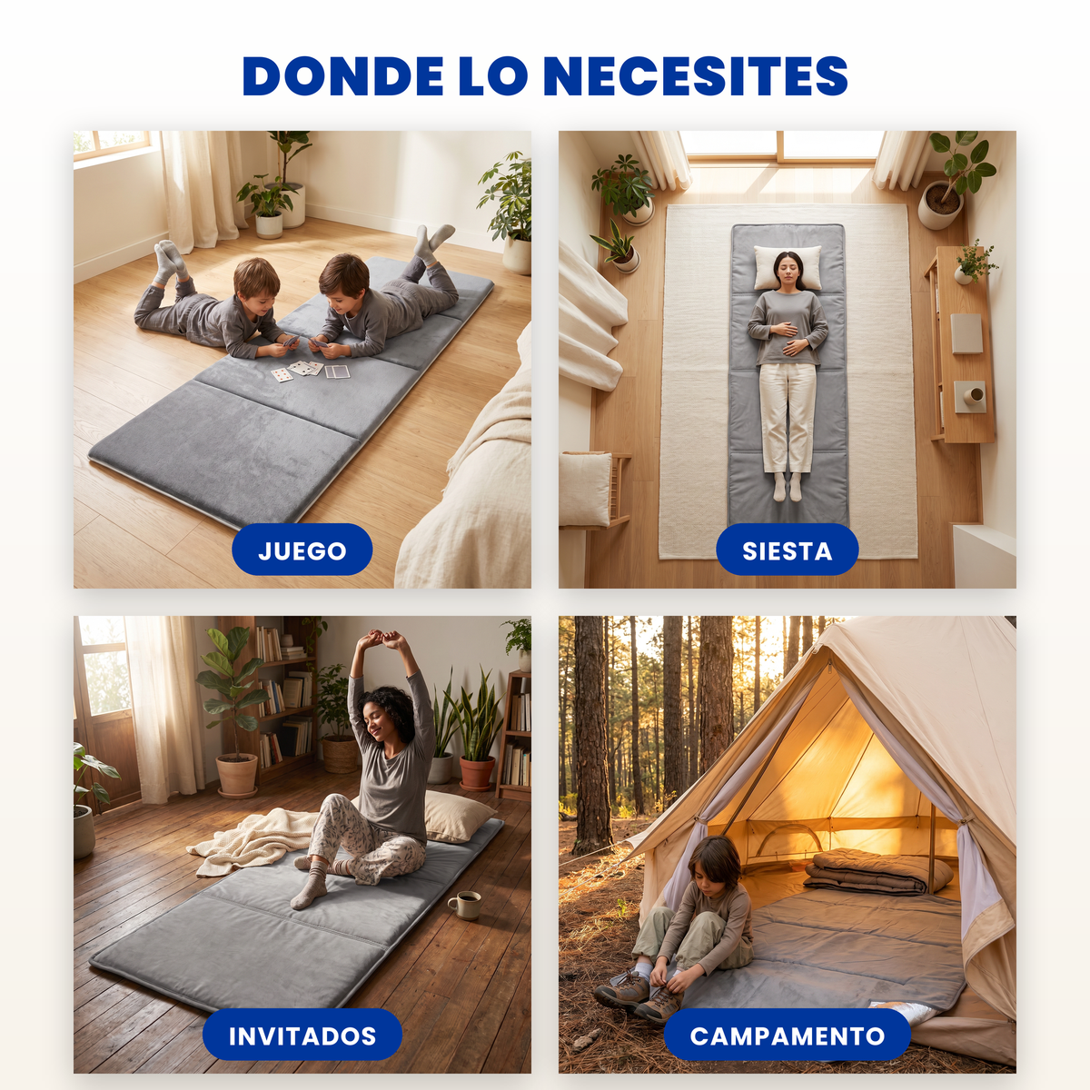Colchoneta plegable de felpa gris BREEZEE, para juego, siesta, invitados y campamento