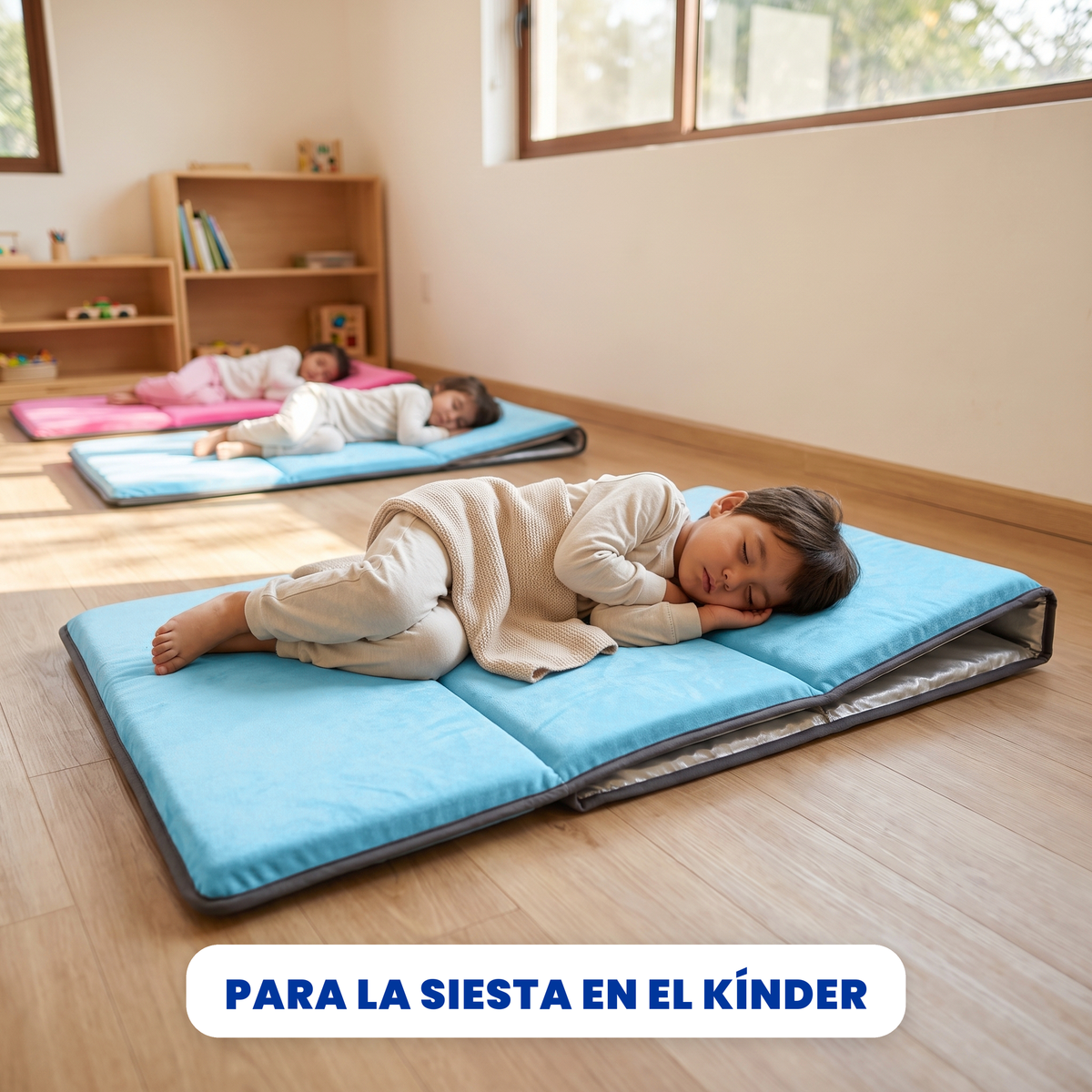 Tapete para siesta de felpa suave 2 cm azul celeste, niño en la siesta en el kínder