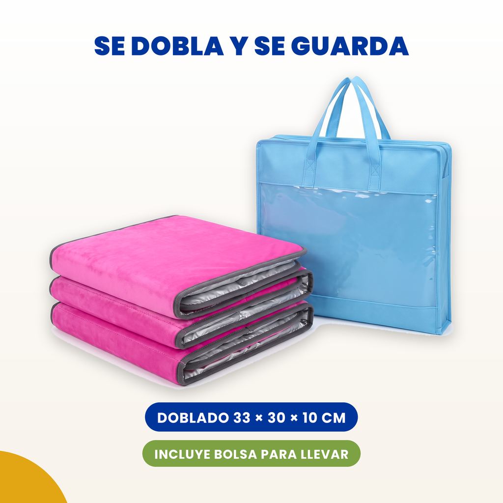 Tapete para siesta de felpa suave 2 cm rosa, doblado junto a su bolsa