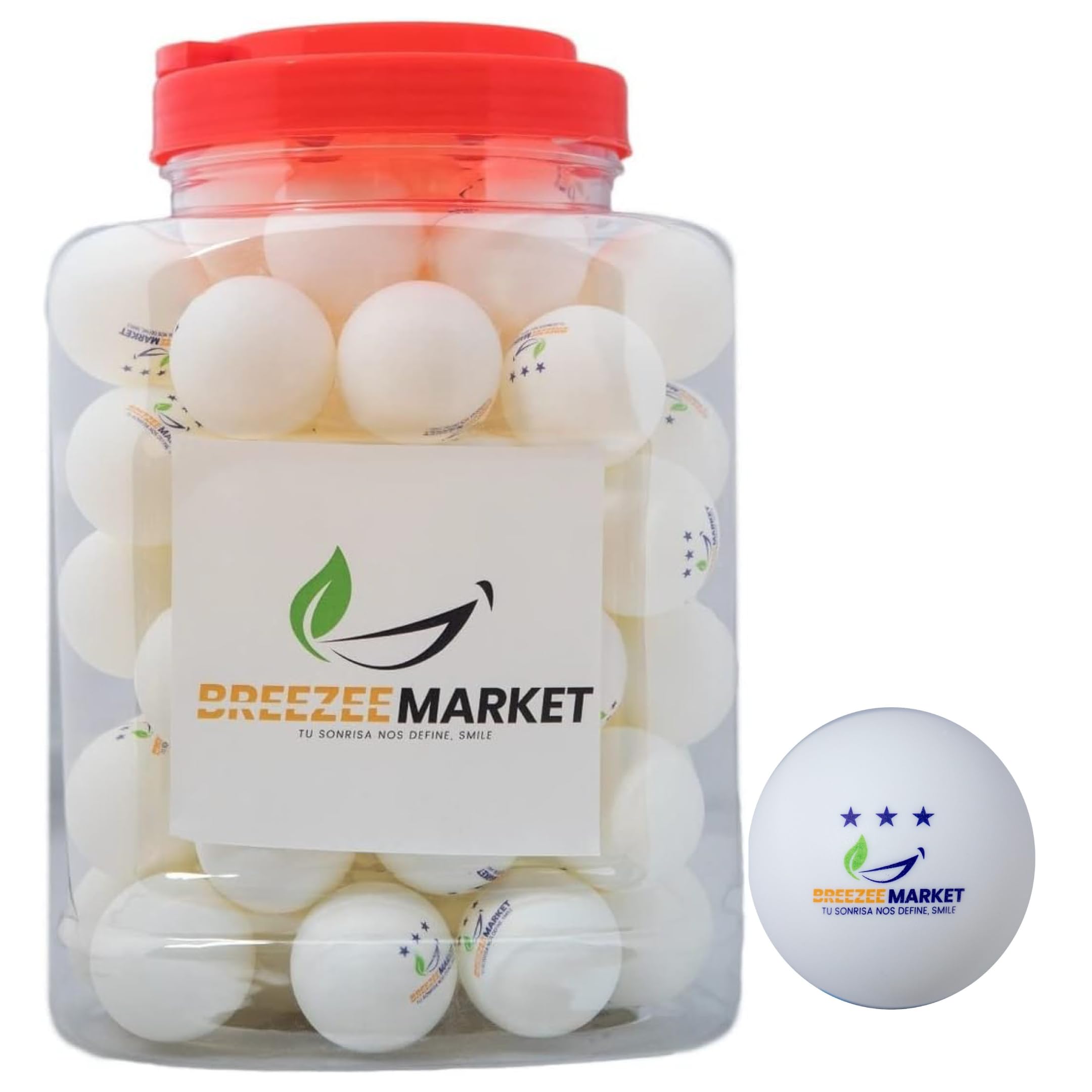 Bote con 60 pelotas de ping pong blancas BREEZEE con tapa y asa