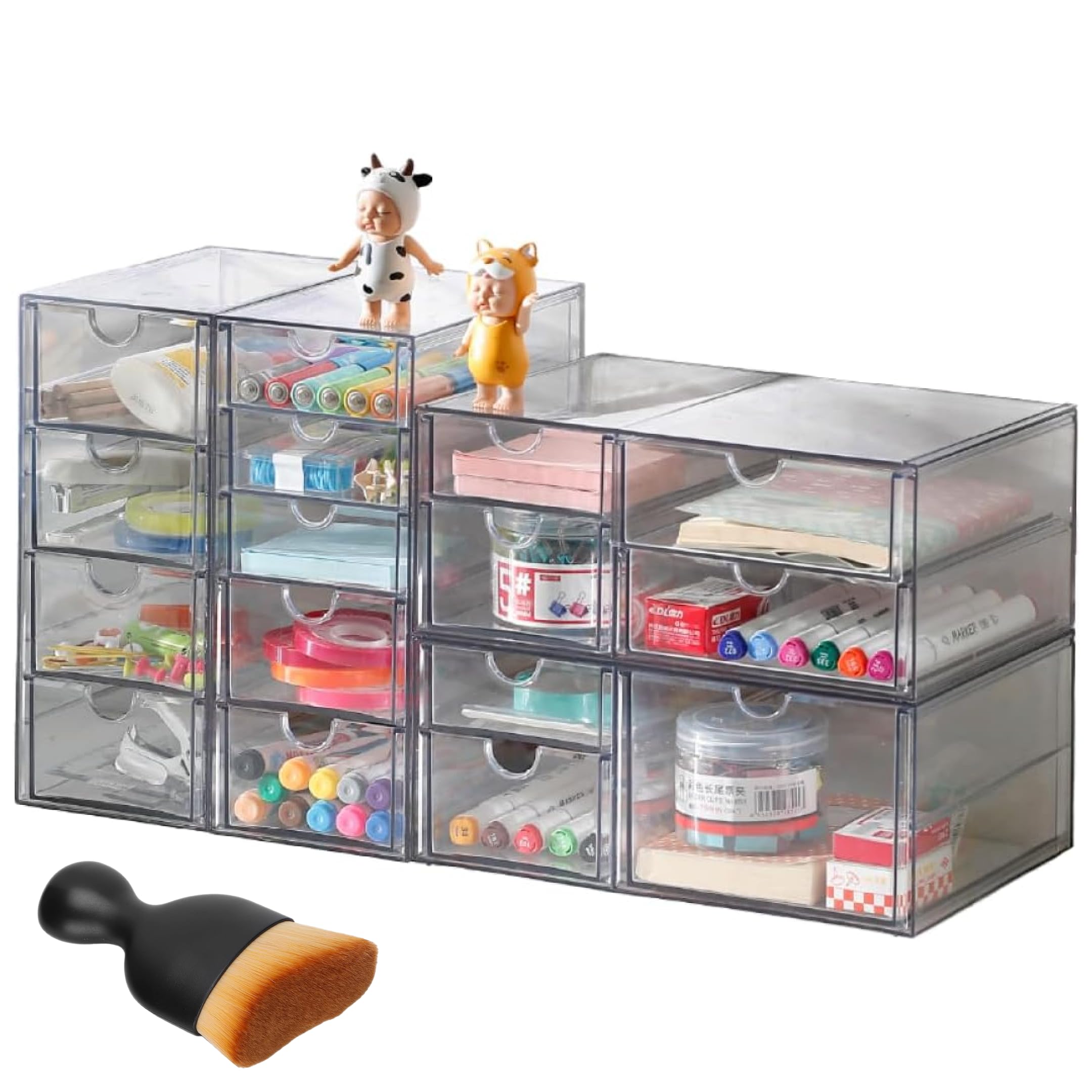 Set de 4 cajoneras organizadoras BREEZEE de PET transparente con cepillo quitapolvo