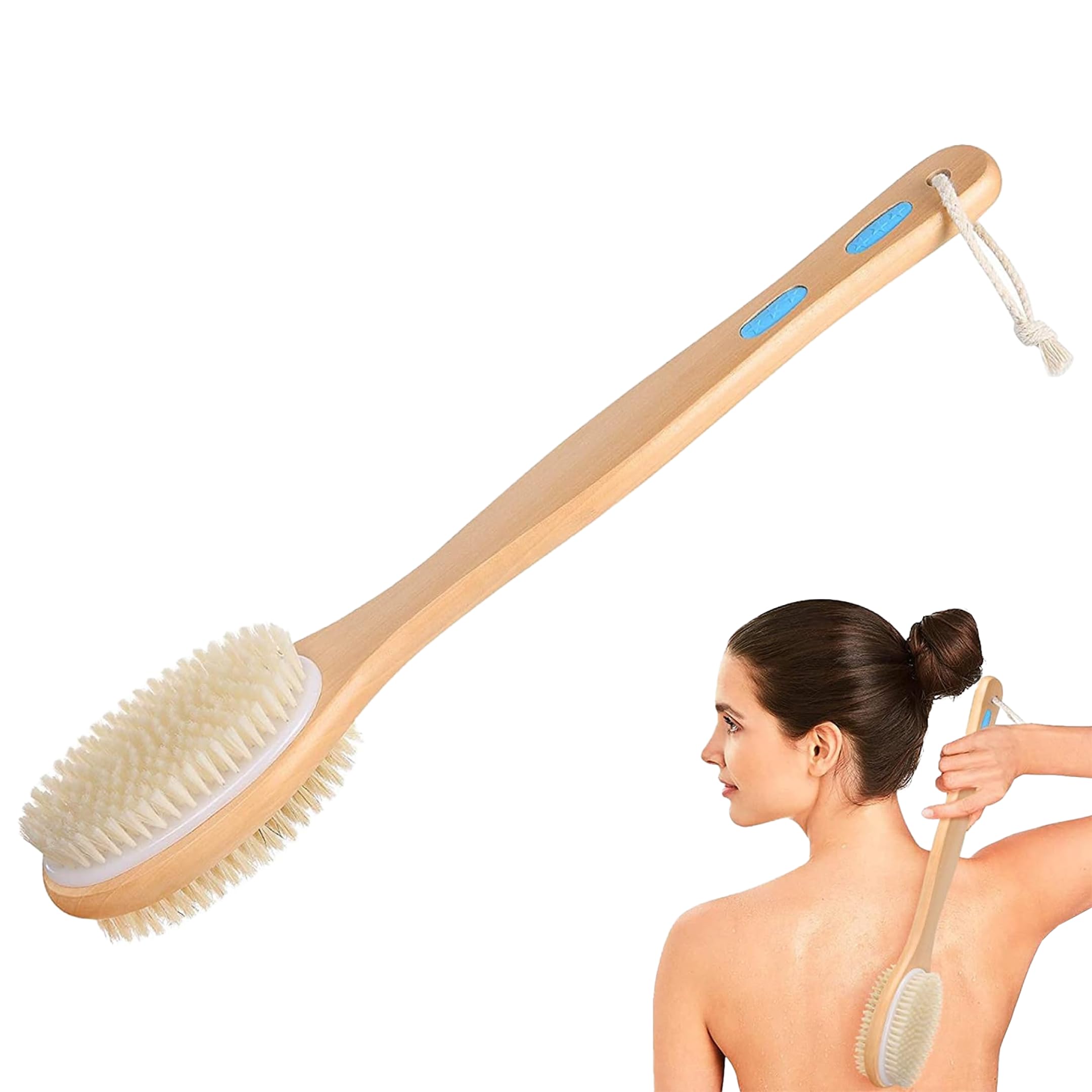 Cepillo corporal doble cara con mango largo de madera y cordón para colgar