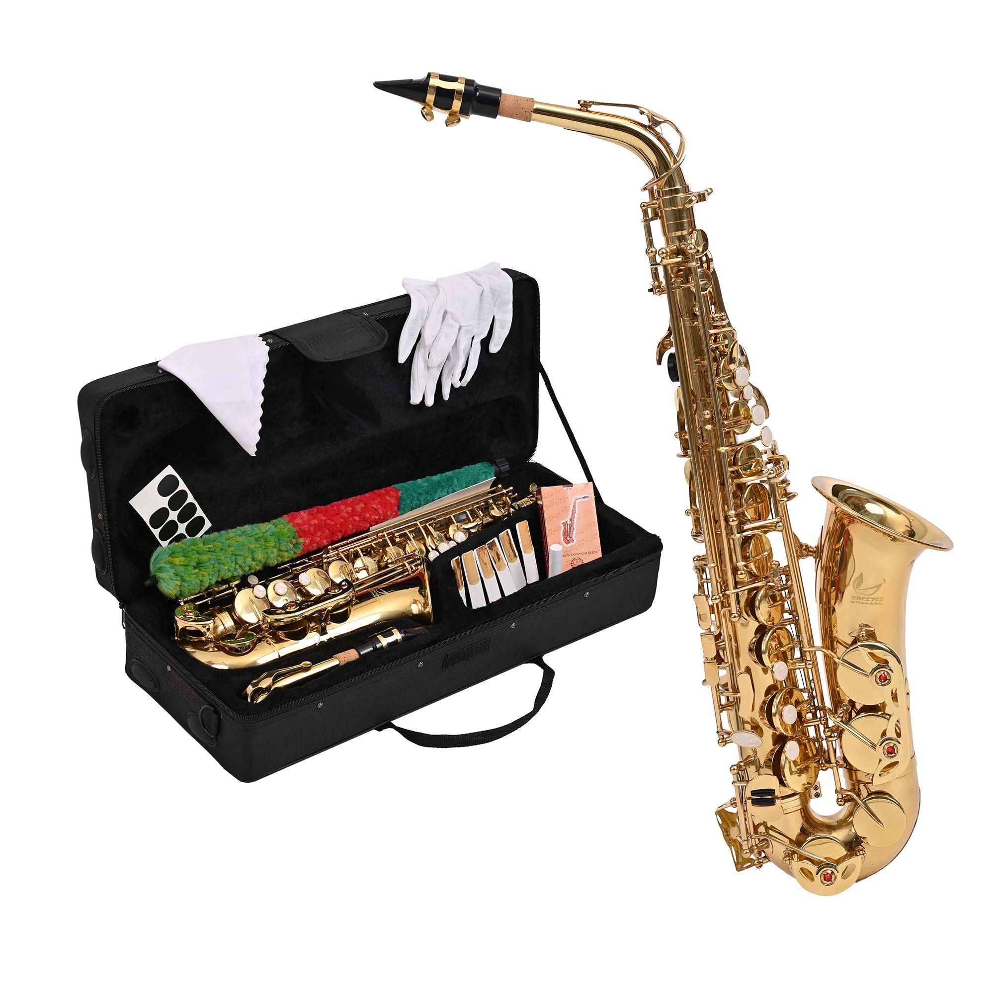Saxofón alto BREEZEE lacado dorado con estuche y kit de 8 accesorios