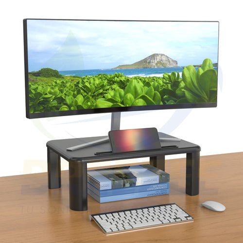 Base BREEZEE elevando un monitor en escritorio, altura ajustable