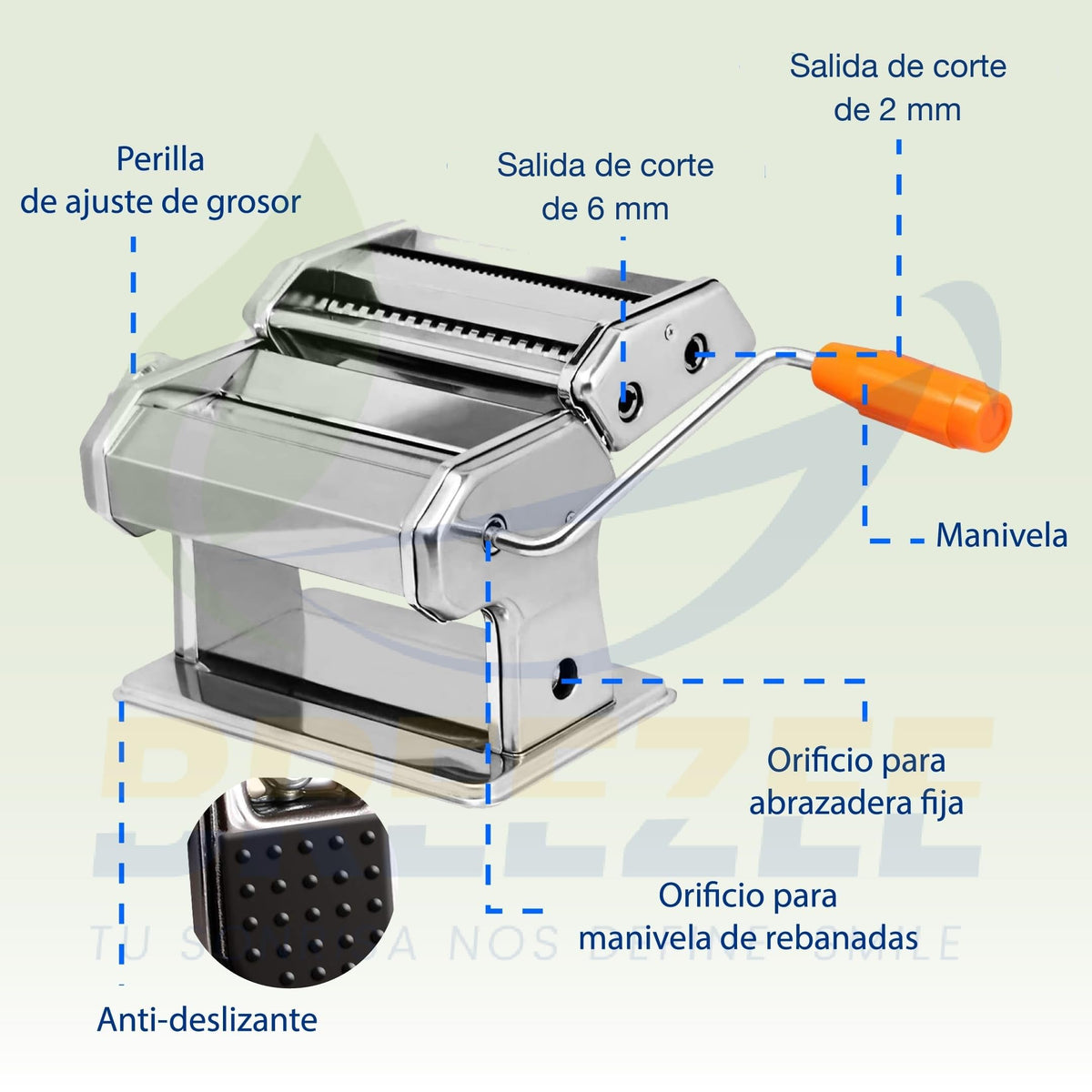 Partes de la máquina para pasta: perilla de ajuste de grosor, salidas de corte de 2 mm y 6 mm, manivela, abrazadera y base antideslizante