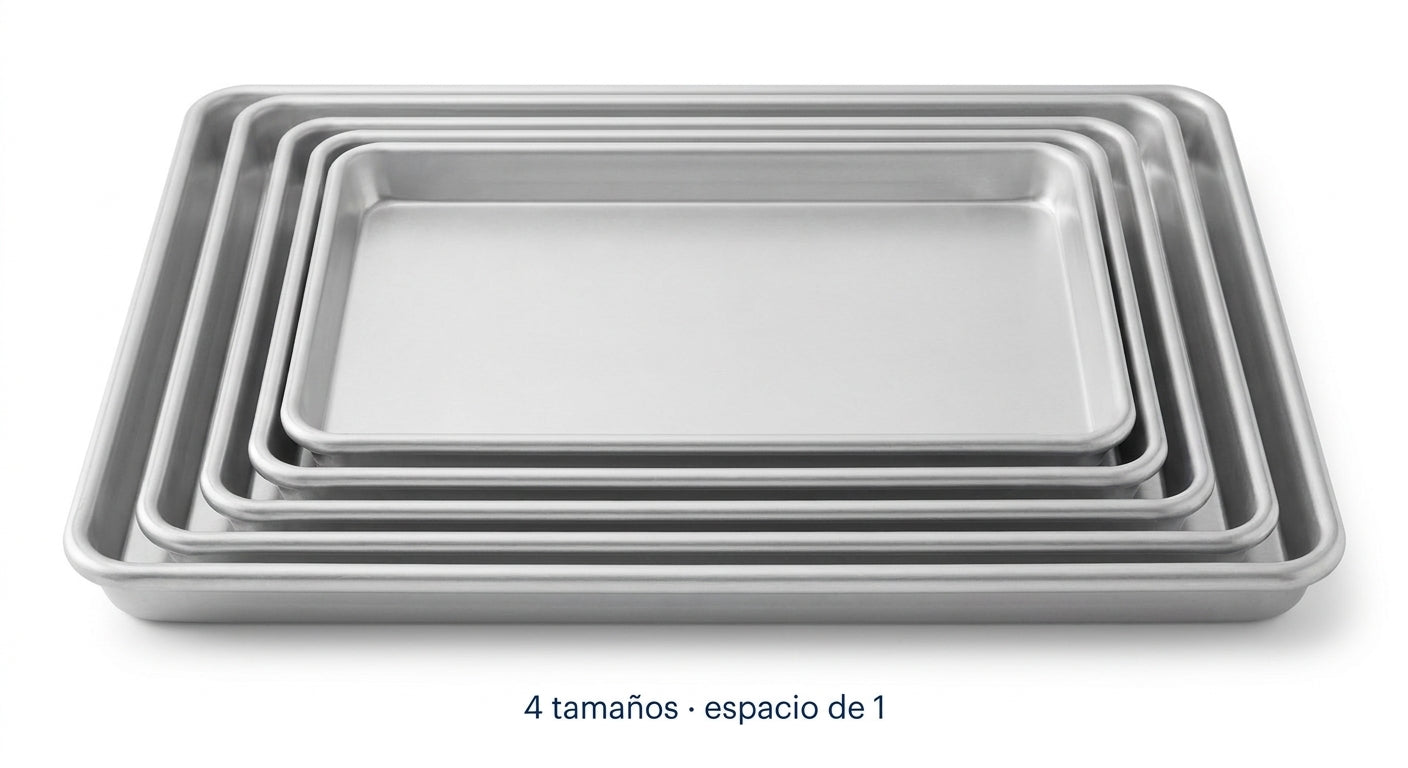 Set de 4 charolas de aluminio BREEZEE anidadas, 4 tamanos en el espacio de una