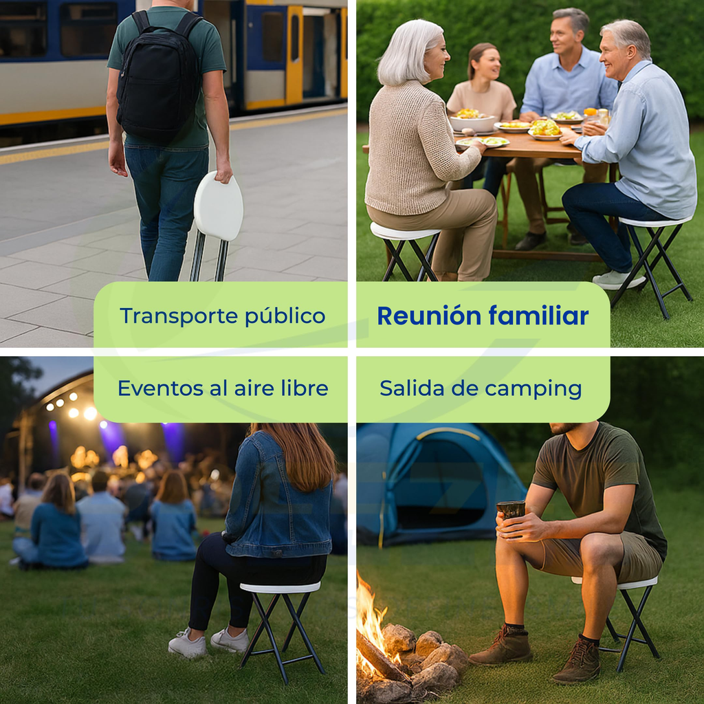 Usos del banco plegable BREEZEE: transporte, reunion, eventos, camping
