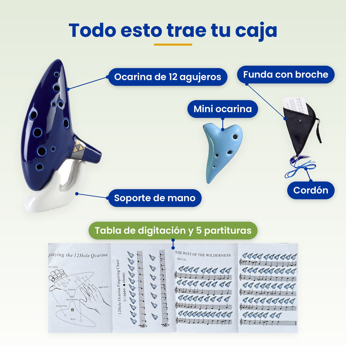 Todo lo que trae la caja de la ocarina de cerámica de 12 agujeros: mini ocarina, funda, cordón, soporte y hoja con partituras