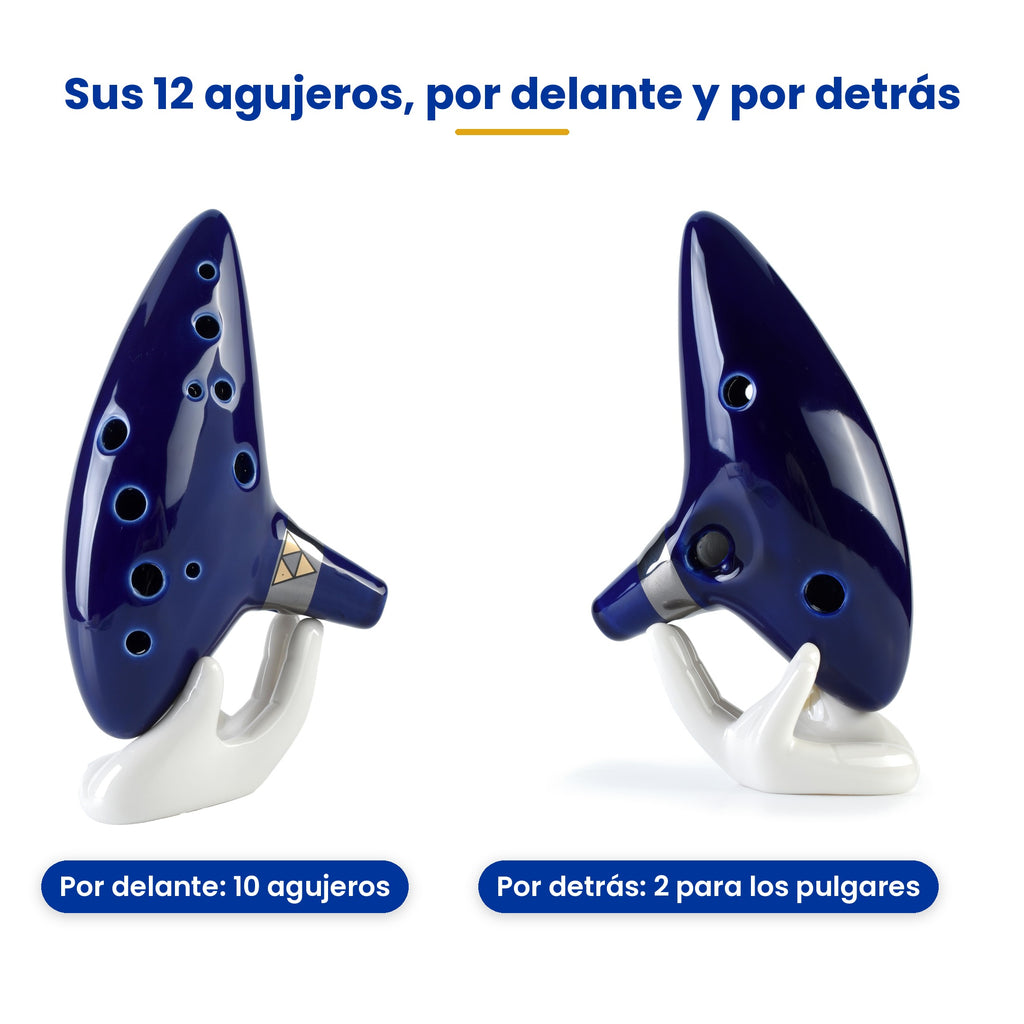 Ocarina de cerámica de 12 agujeros vista por delante y por detrás
