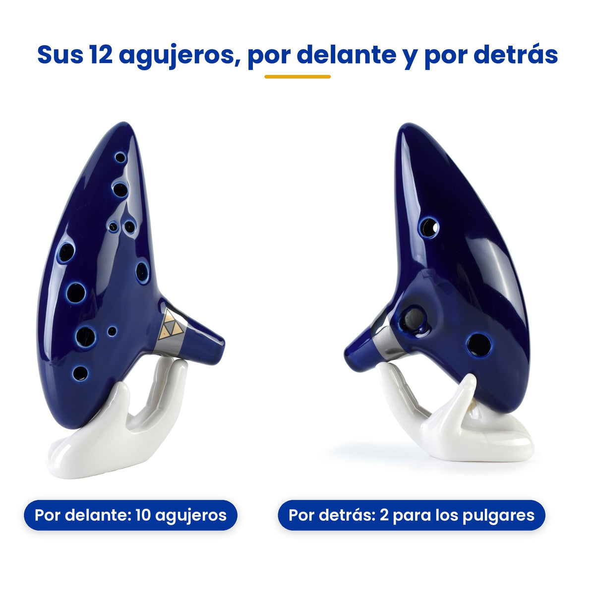Ocarina de cerámica de 12 agujeros vista por delante y por detrás