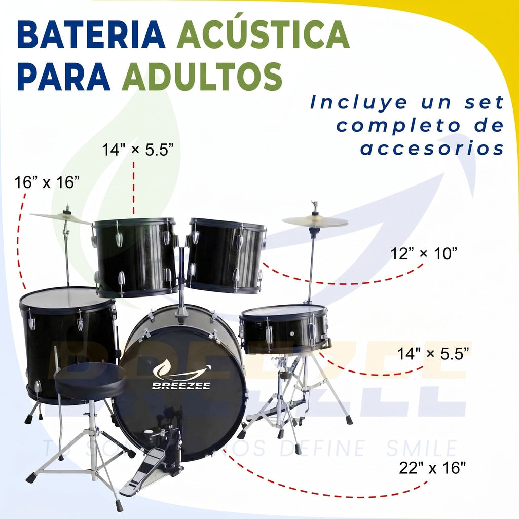 Medidas batería BREEZEE 5 piezas negro