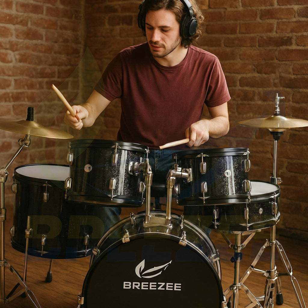 Baterista tocando batería acústica BREEZEE negra