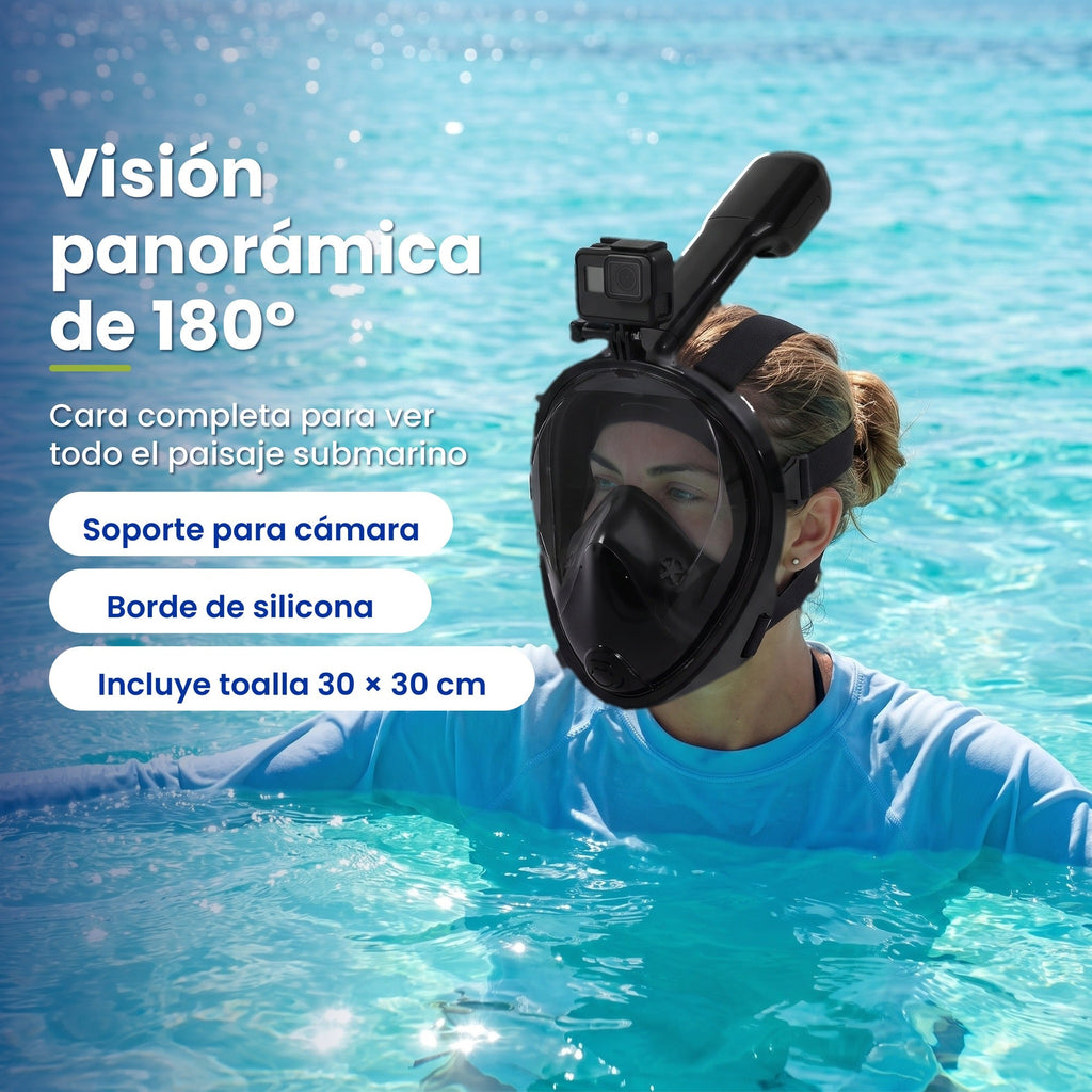 Máscara de snorkel BREEZEE Negro: vista de 180° y uso