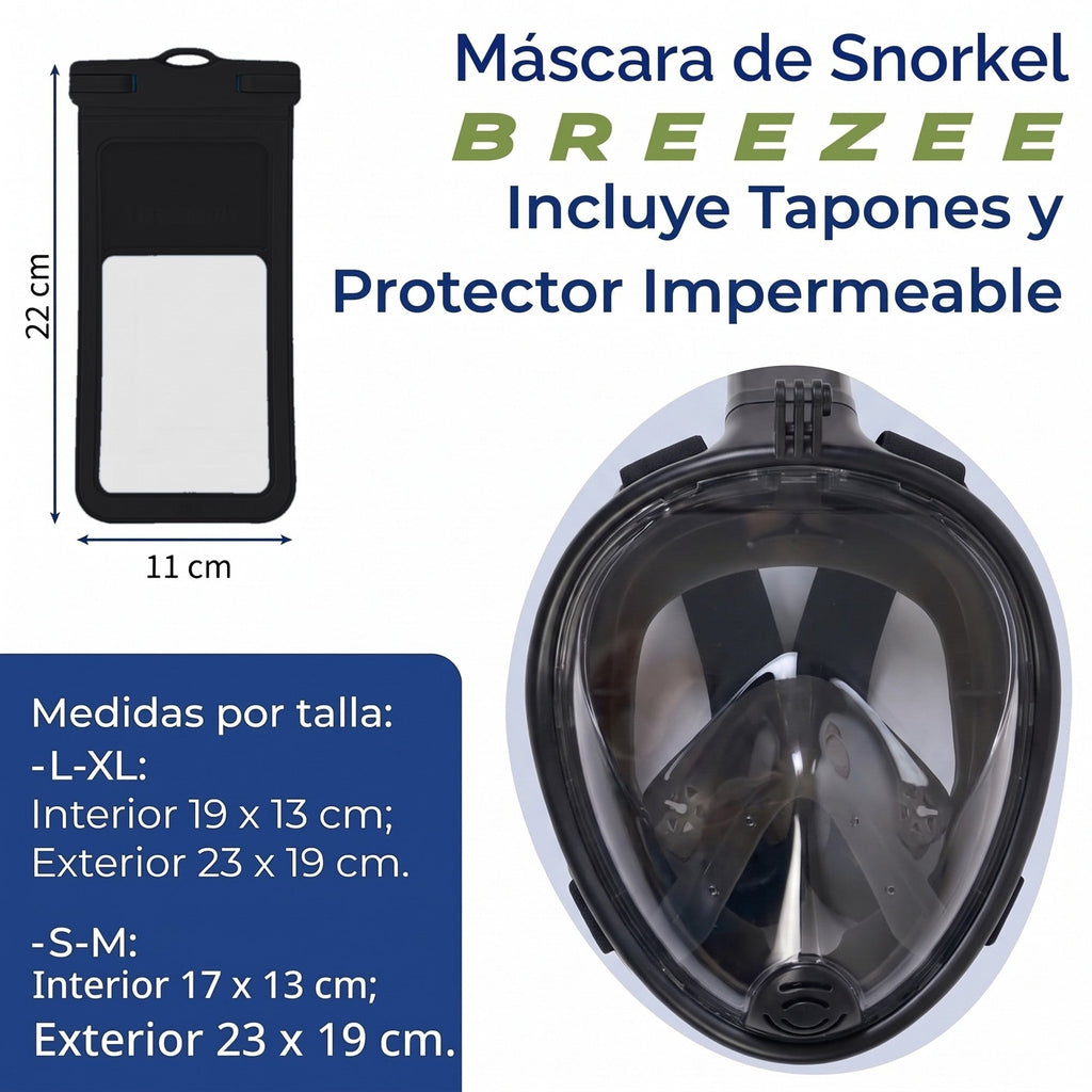 Máscara de snorkel BREEZEE Negro: contenido y medidas
