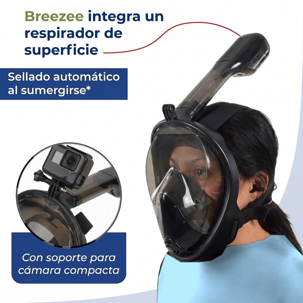 Máscara de snorkel BREEZEE Negro: respirador y soporte para cámara GoPro