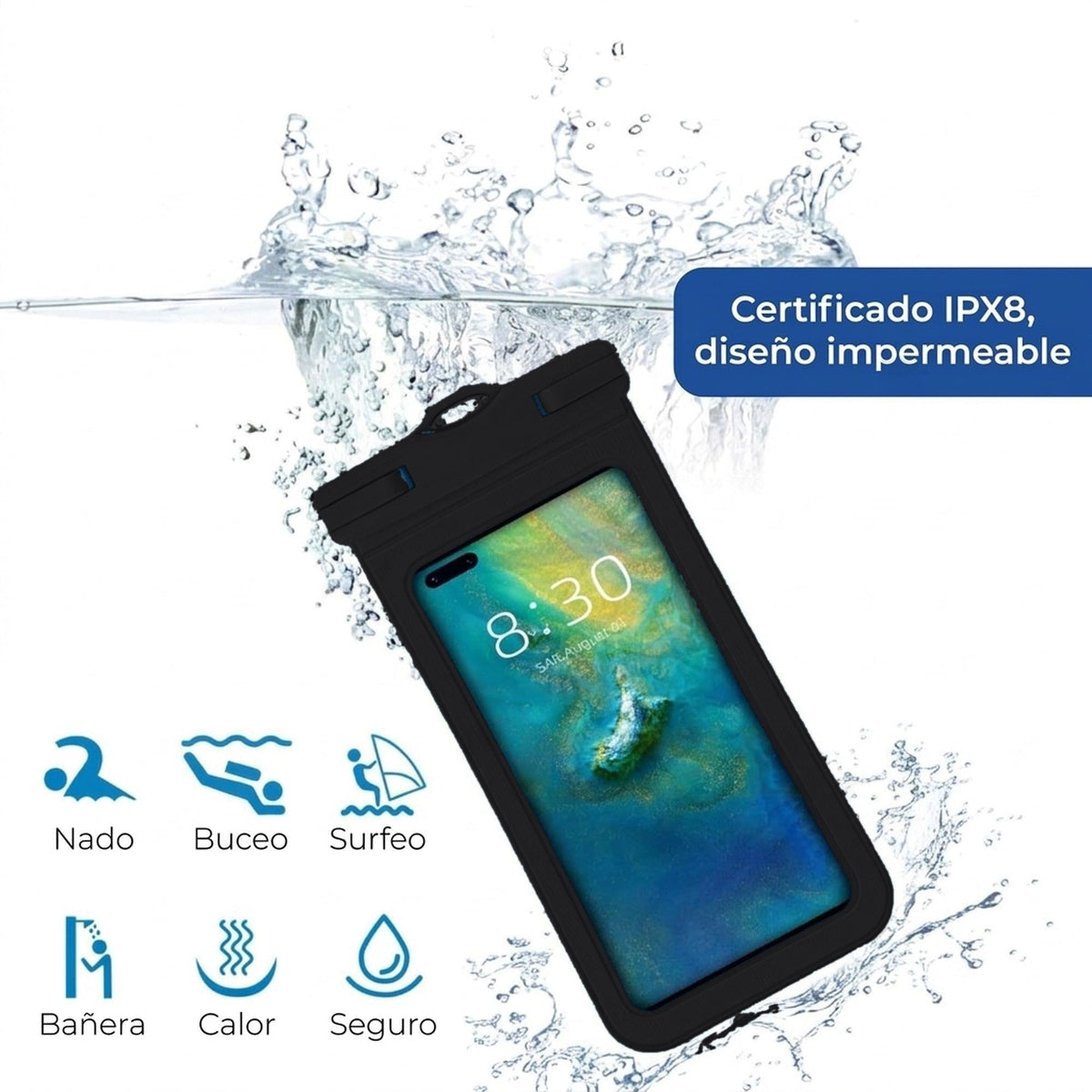 Máscara de snorkel BREEZEE Negro: funda impermeable IPX8 para celular