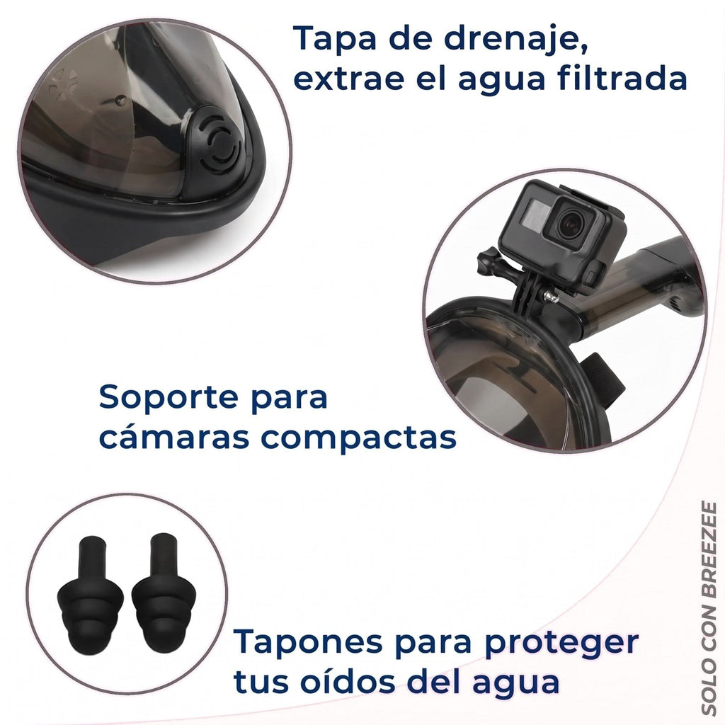 Máscara de snorkel BREEZEE Negro: soporte para cámara y tapones