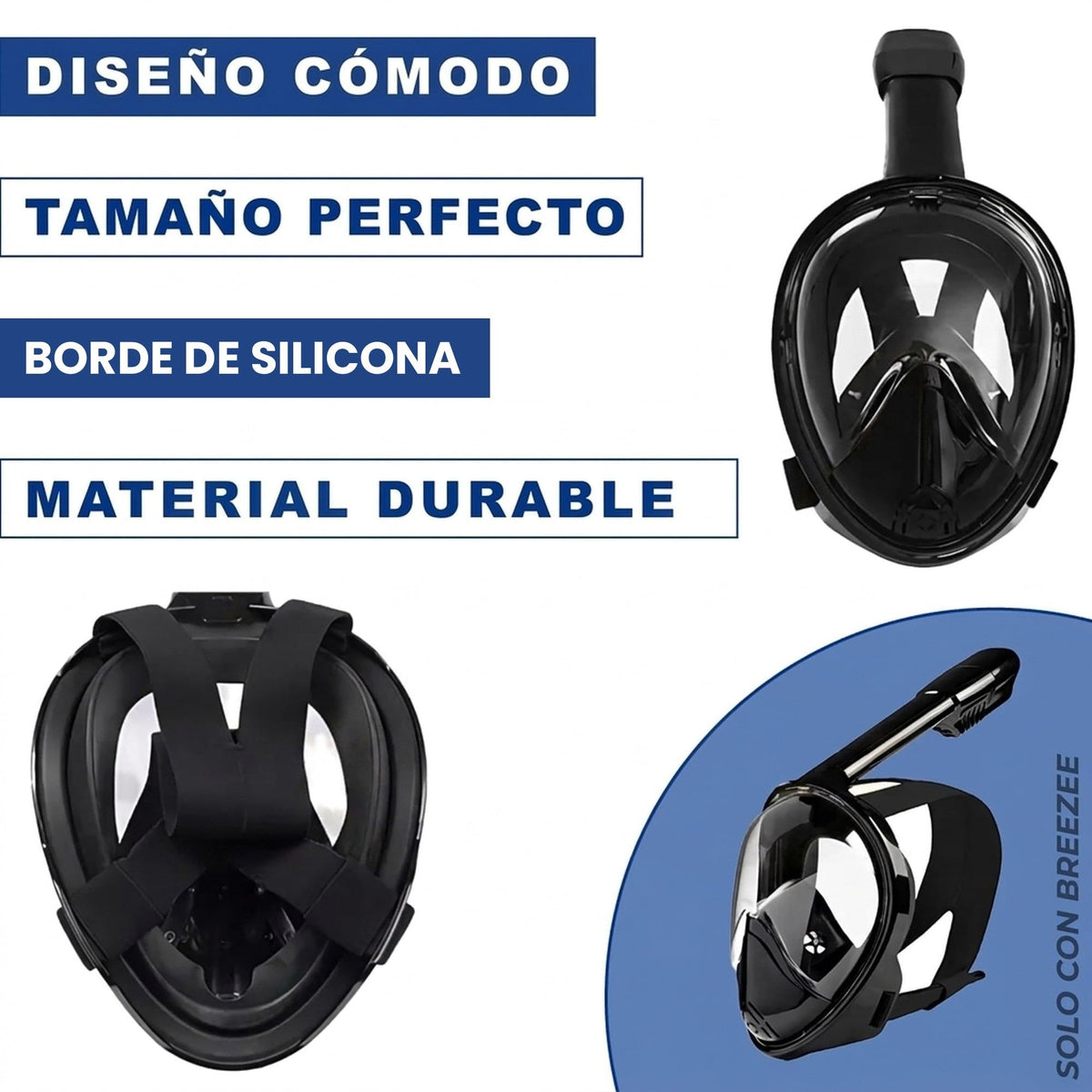 Máscara de snorkel BREEZEE Negro: silicona suave y cómoda
