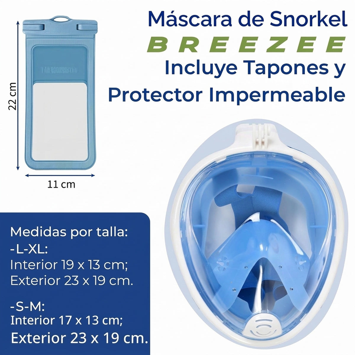 Máscara de snorkel BREEZEE con tapones y protector impermeable para celular, medidas por talla