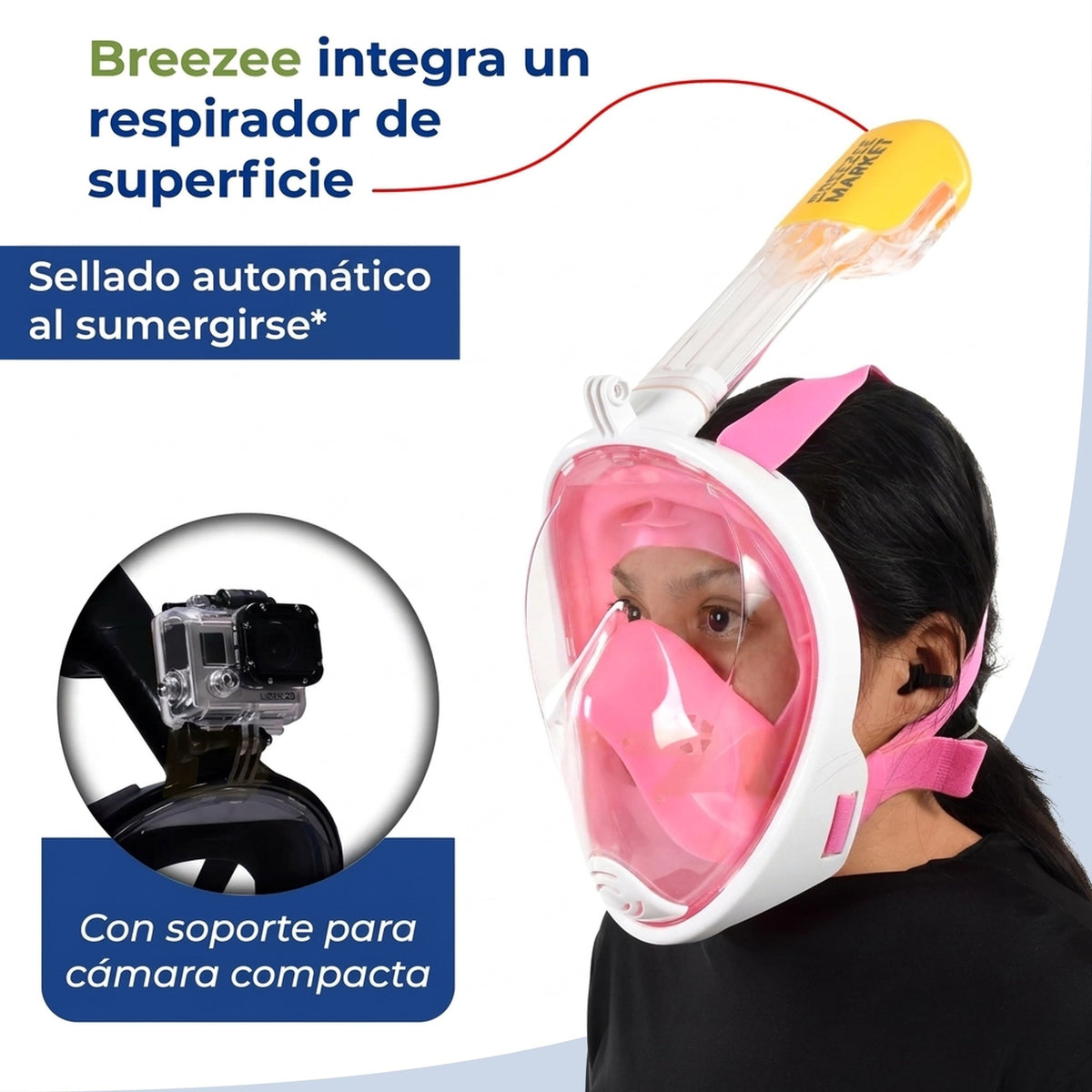 Máscara de snorkel con respirador de superficie y soporte para cámara compacta