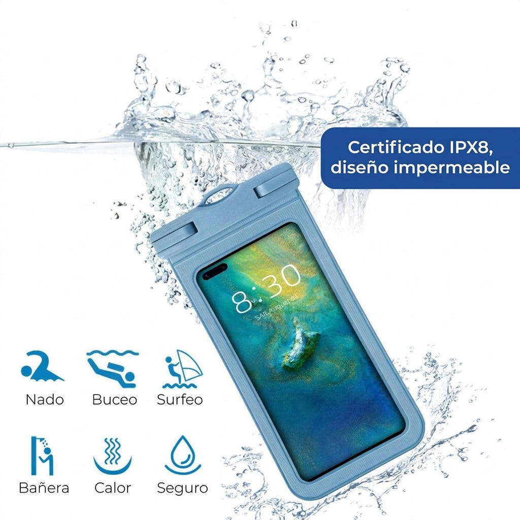 Protector impermeable IPX8 para celular incluido con la máscara de snorkel