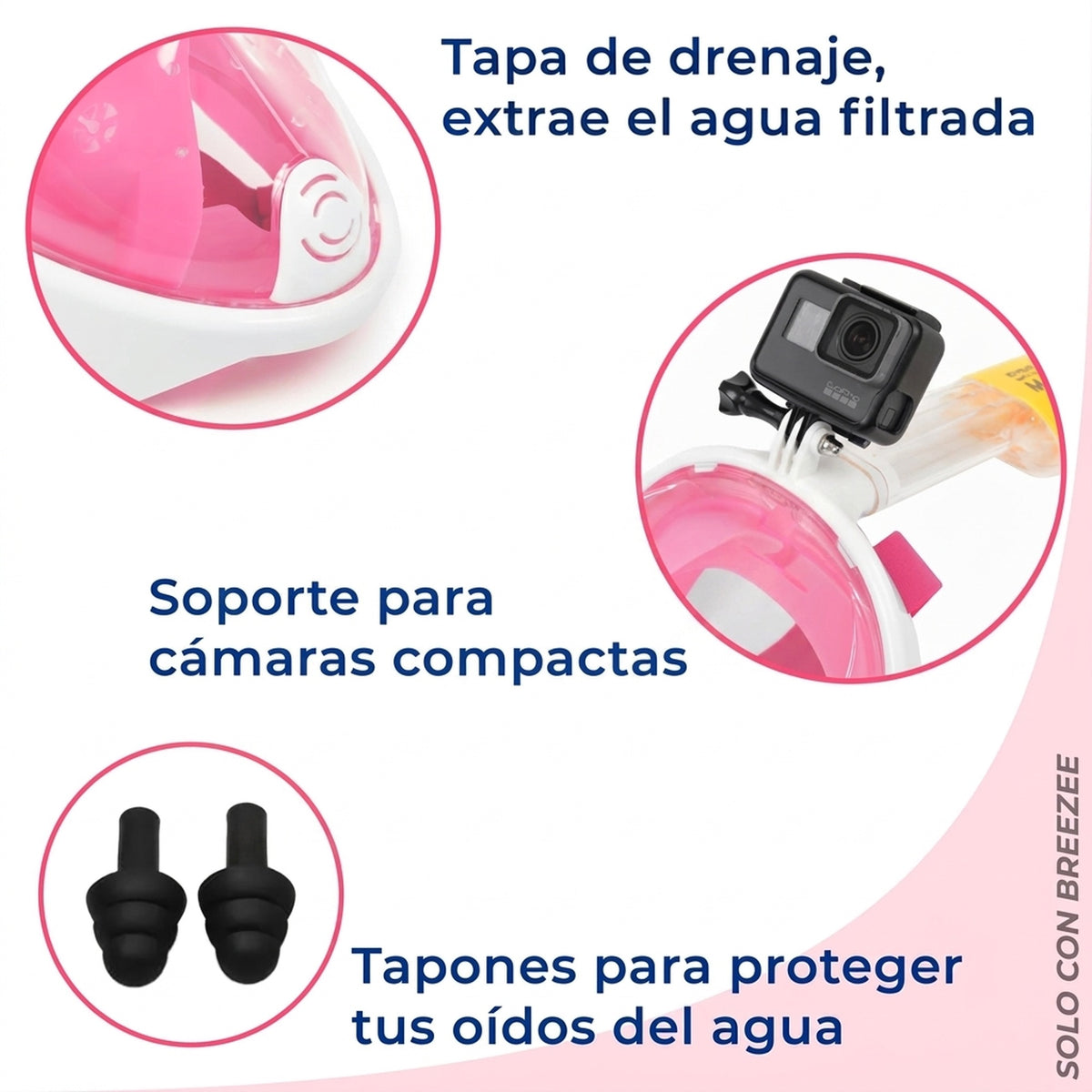 Tapa de drenaje, soporte para cámaras compactas y tapones para oídos