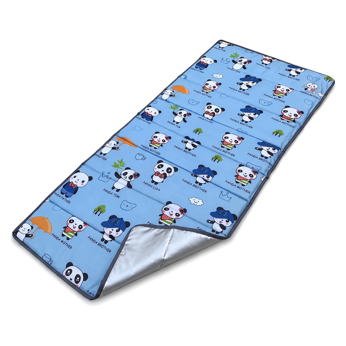 Tapete para siesta plegable estampado panda azul, frente, extendido